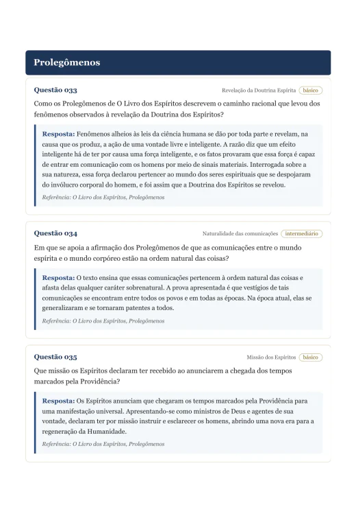 Página de exemplo 1 do questionário O Livro dos Espíritos